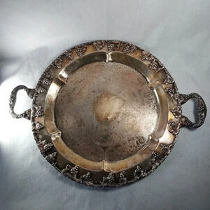 Silver Round Plate Tray With Handles and Grape Bunches Designs